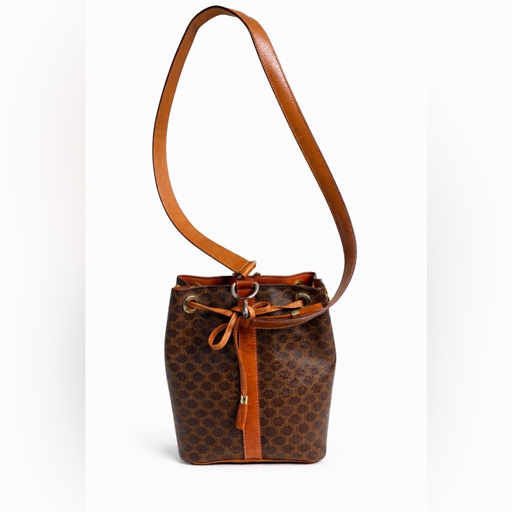 Vintage CELINE Paris Macadam Bucket Bag Brown Monogram Leather Italy 90s Bag - Picture 9 of 13